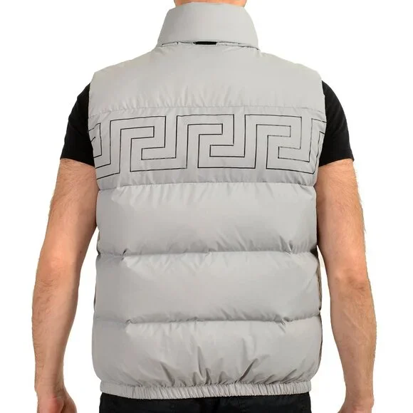 Versace Men's Gray Greca Print Down Sleeveless Jacket Puffer Vest US S IT 48